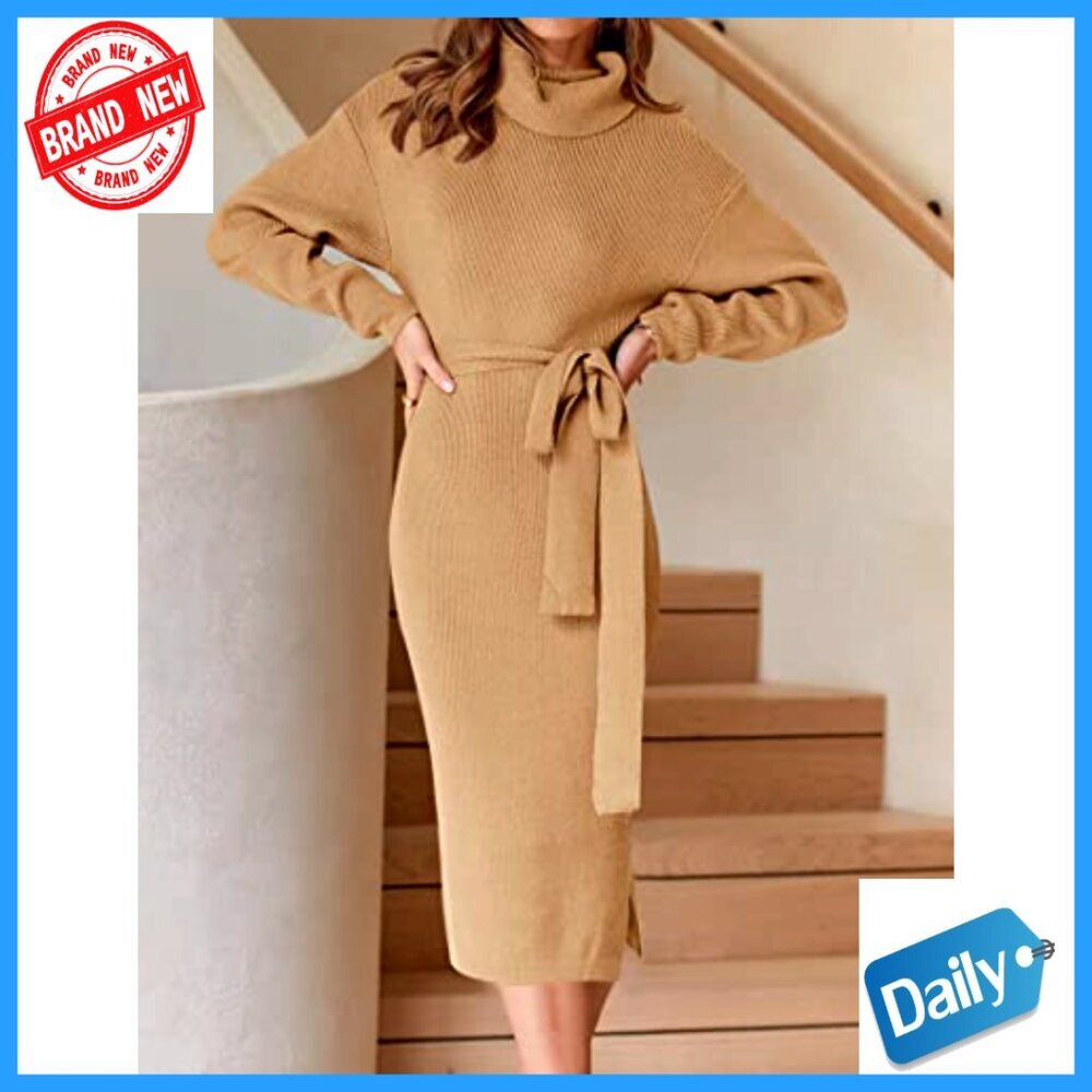 Long Sleeve Turtleneck Sweater Dress Midi Bodycon Ribbed Knit Belted - Picture 2 of 7